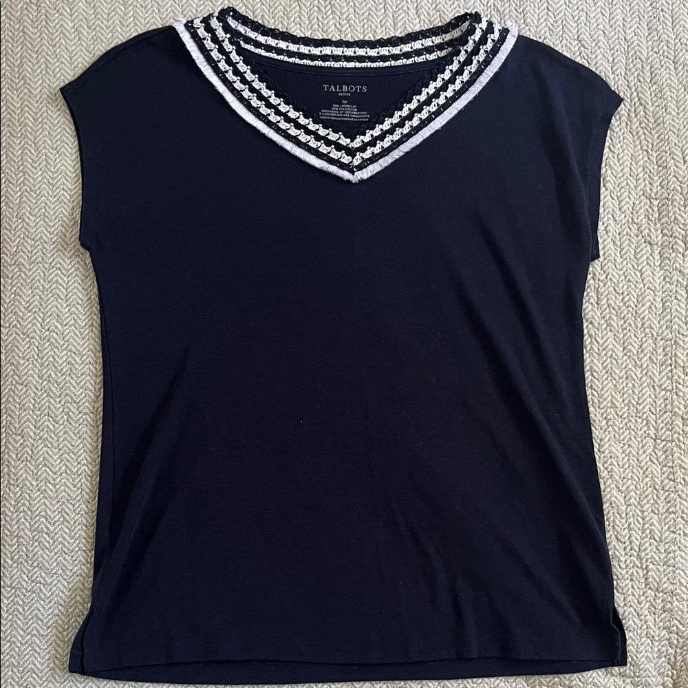 TALBOTS Dark Navy‎ and White V-Neck Sleeveless Linen Blend Knit Top Womens SP